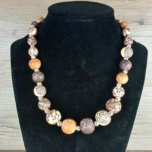 Beaded necklace 16 inch brown cream silver accents toggle